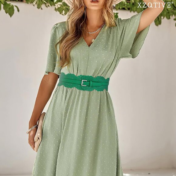Women\'s Wide Dresses Chunky Thick Leather Waist Prong Buckle Belts Silver  Green